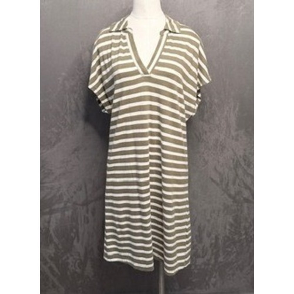 Sanctuary Polo Dress Women M Olive Green Striped V-Neck Organic Cotton Blend NWT
